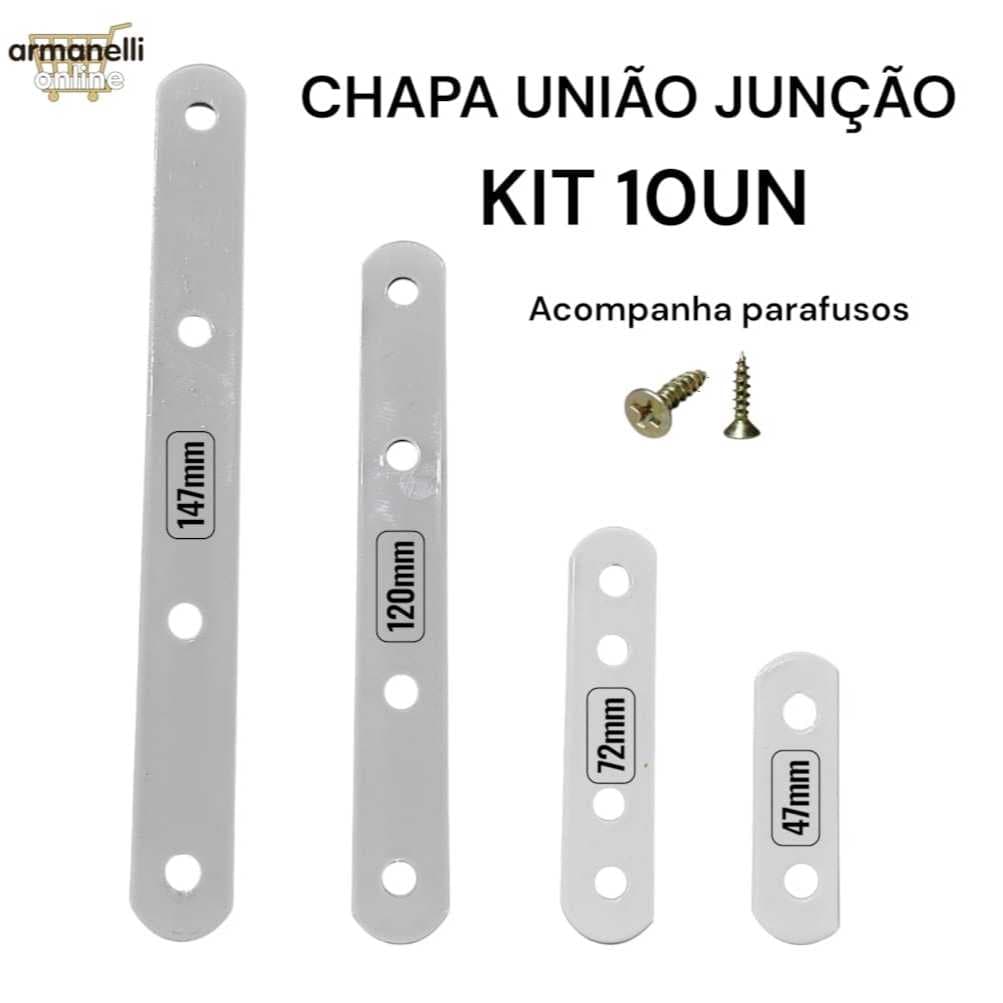 Kit 10 Suporte Chapa União Régua Reta Junção De Aço 47/72/120/147mm com parafusos