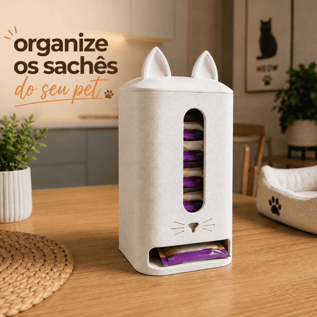 Porta Sachê Pet com Tampa | Dispenser Organizador de Sachês para Gatos e Cachorros | Ração Úmida