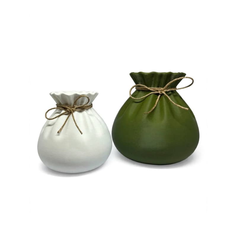VASO SAQUINHO DECORATIVO BOHO PLA 3D - KIT 2 UNIDADES BRANCO 9cm + VERDE OLIVA 10cm