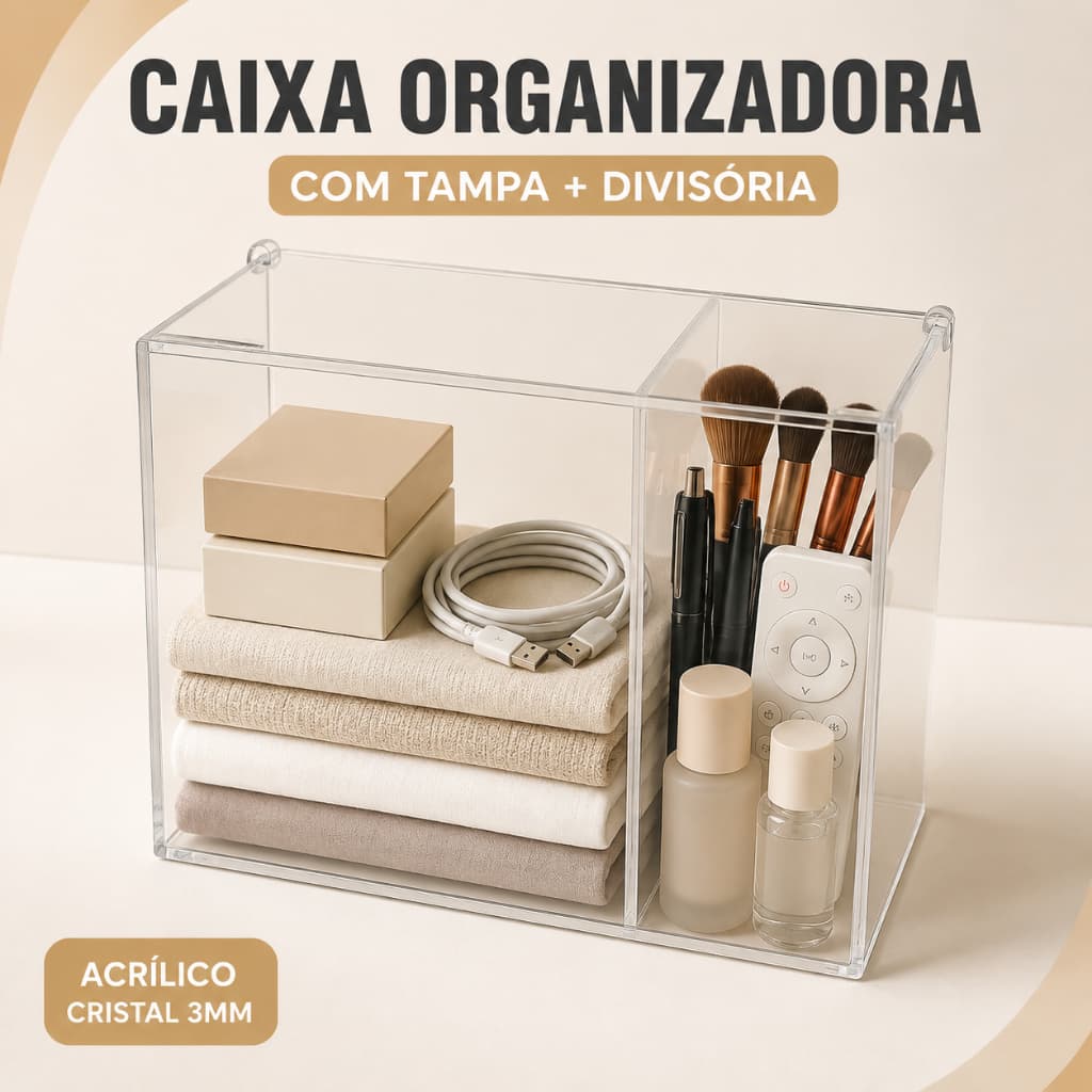 Caixa Organizadora de Acrílico com Tampa e Divisória Multiuso para Banheiro Cozinha e Escritório