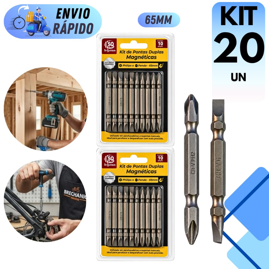 KIT PONTAS MAGNETICAS PHILIPS FENDA PARA PARAFUSADEIRA E BROCAS 65mm BITS COM PONTA DUPLA