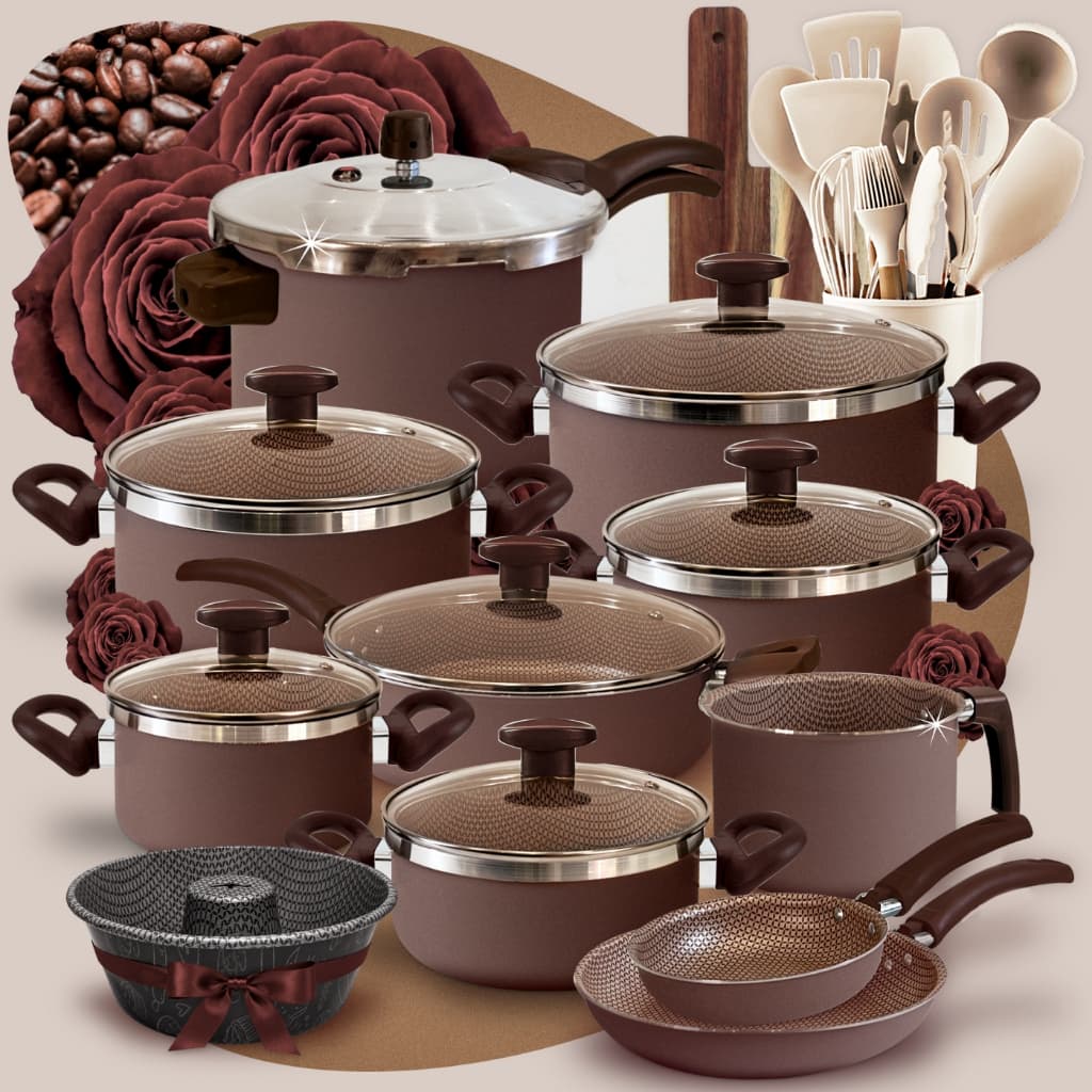 Conjunto De Panelas Mocha Mousse Antiaderente Fortes & Grossas + Panela De Pressão 4,5l + Frigideiras 24p