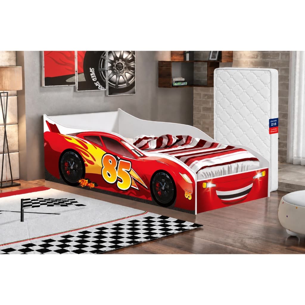 Mini Cama Infantil Carro Compacta Macquen Vermelha Com COLCHÃO INCLUSO Em MDF Estrato De Madeira Grade Proteção Lateral