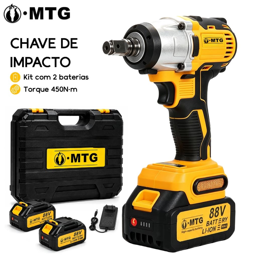 Chave Impacto Sem Fio MTG 88V Brushless 350N.m 2 Baterias Kit Completo Furadeira Profissional