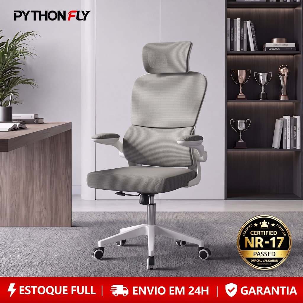 Cadeira de Escritório Ergonômica Com Apoio Lombar e Apoio de Cabeça Cinza com estofado de mesh