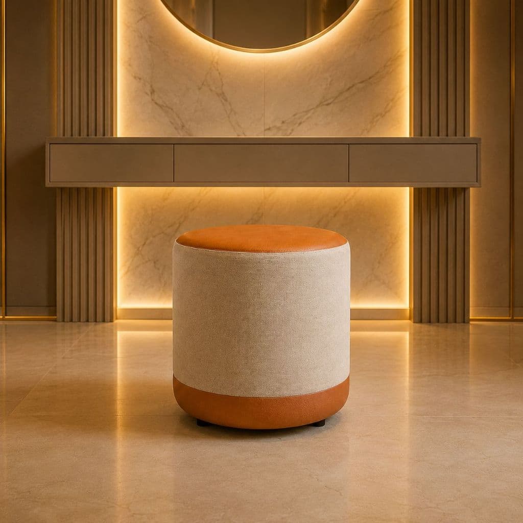 Puff Banqueta Redondo Bege Em Linho Com Couro  Premium Decorativo Sala Quarto Recepção
