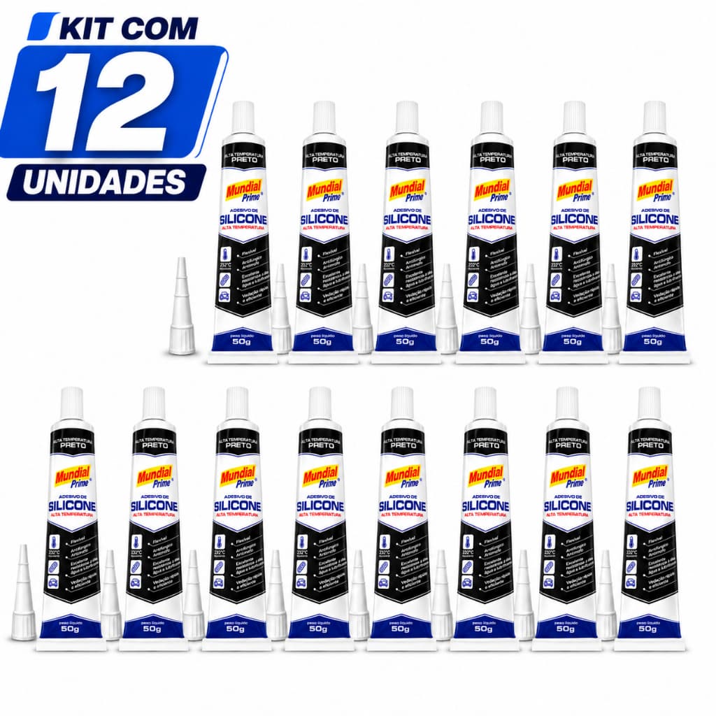 Kit 12 Silicone Adesivo Alta Temperatura Preto Mundial Prime 50g Vedante Cola Junta Motor Câmbio Automotivo