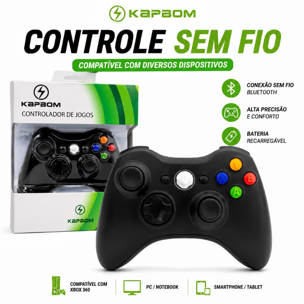 Controle Sem Fio Xbox 360 E PC Windows Com Receptor USB Dongle Kapbom KAP-360W Manete Joystick