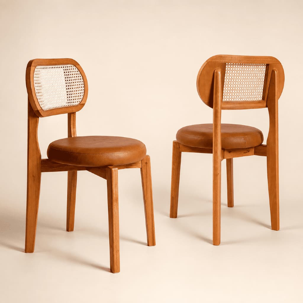 Conjuntos De 2 Cadeiras De Jantar Luxo Elegante Madeira Courino Encosto Rattan Resistente