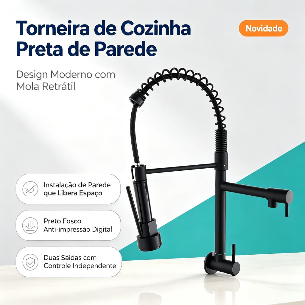 Torneira Cozinha Parede Preta Fosca Mola Retrátil Duas Saídas 360° Design Industrial Instalação Simples Alta Qualidade