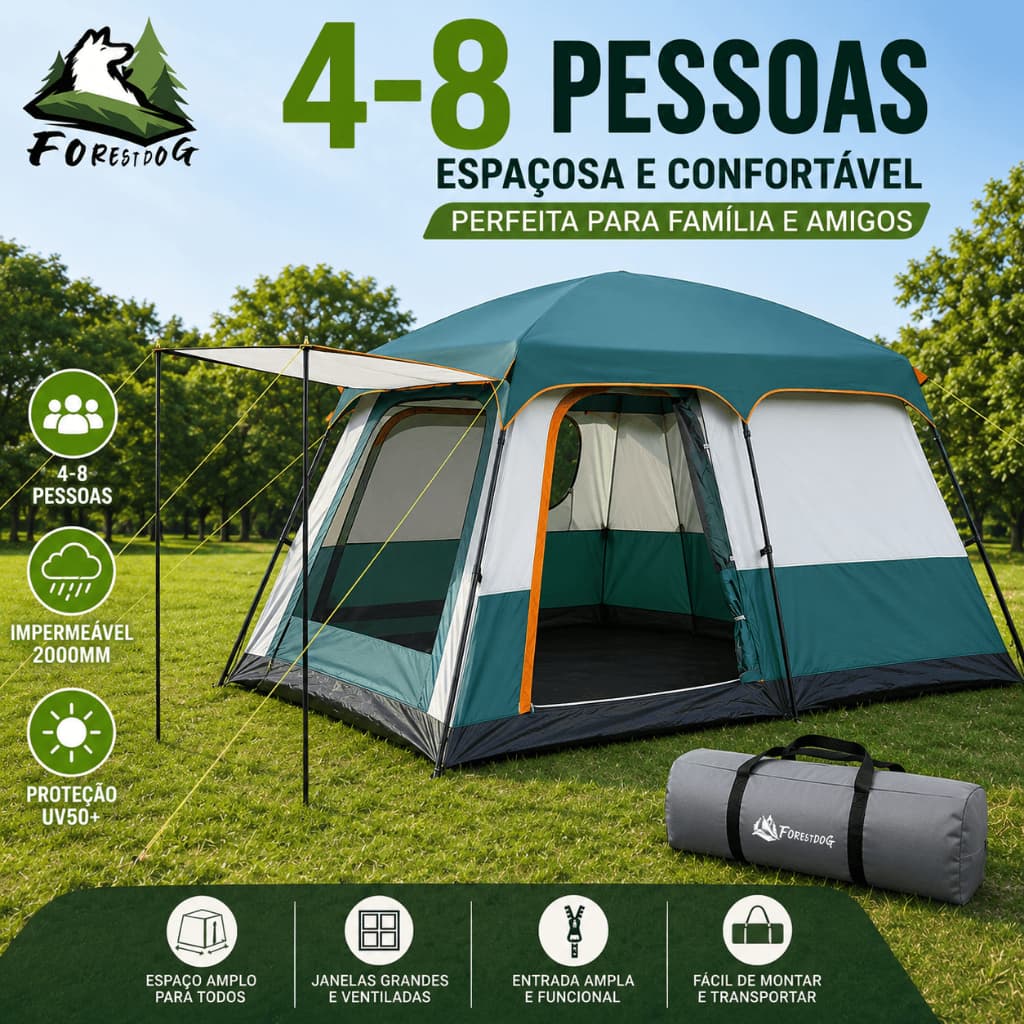 Barraca De Camping 4 A 8 Pessoas Impermeável 2000mm + Toldo