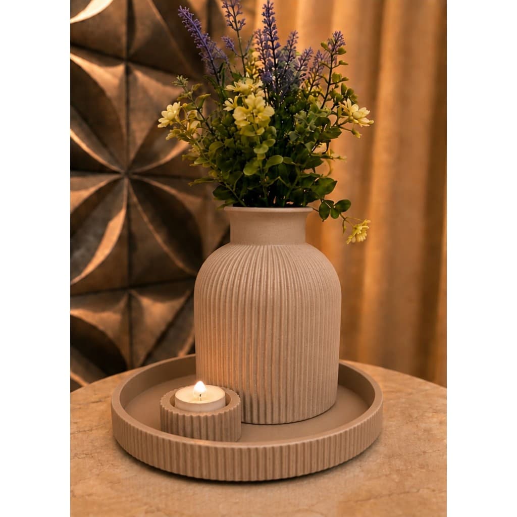 Kit Vaso Decorativo Canelado + Bandeja + Vela LED Decoração Minimalista Moderna Sofisticada p/ Rack Escritório Presente