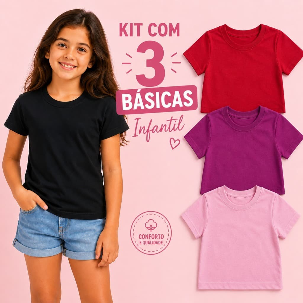 KIT COM 3 BLUSINHAS BÁSICAS DE MENINA INFANTIL 100% ALGODÃO DIA A DIA CAMISETA BASICA CRIANÇA