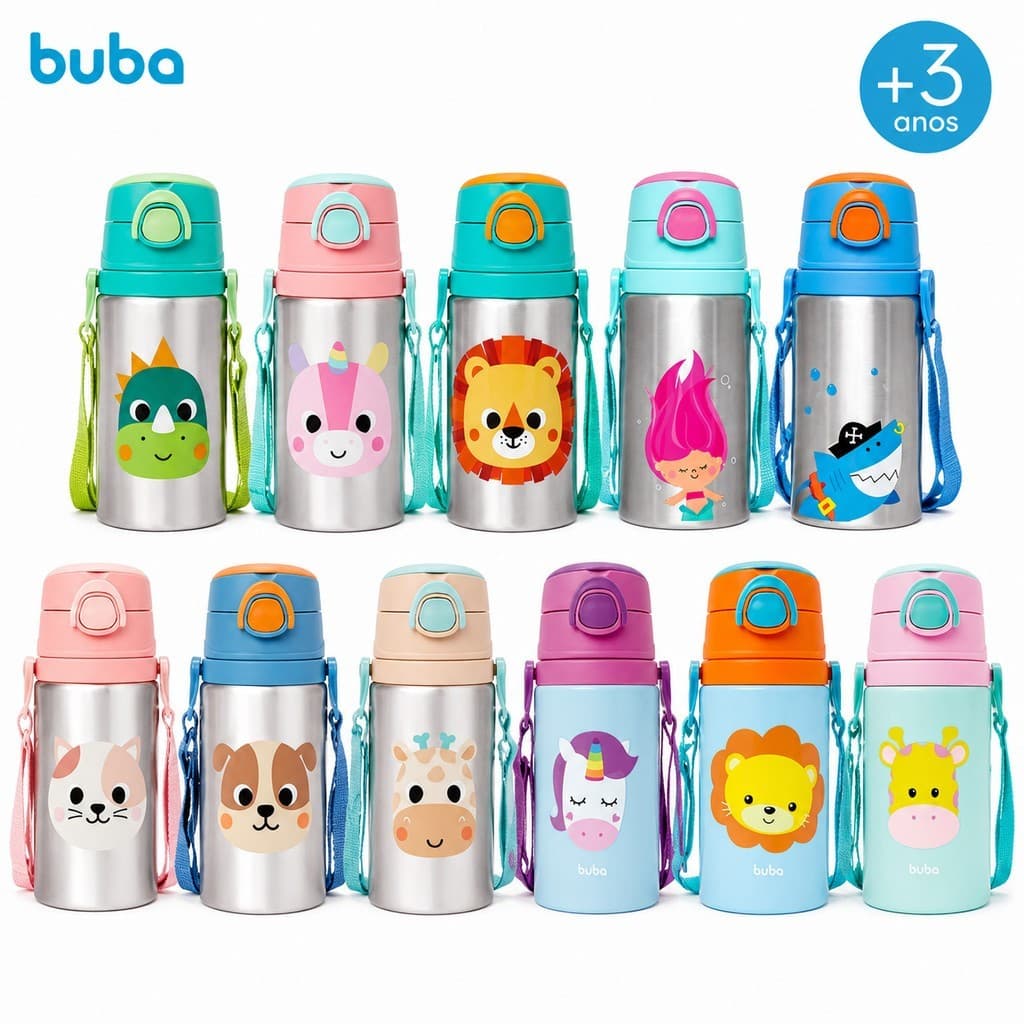 Garrafinha Infantil  De Alumínio Animal Fun Buba 400ml Com Cordinha Trava Bebê Lanche Infantil Bebe