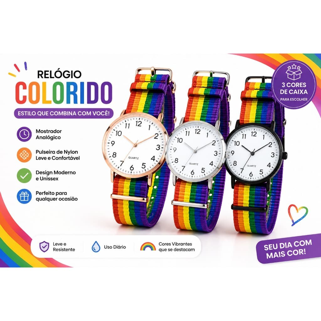 Relógio Unissex Colorido Arco-Íris Pulseira Nylon Analógico