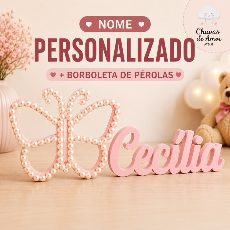 Nome Decorativo Personalizado com Borboleta de Pérolas | Decoração Infantil