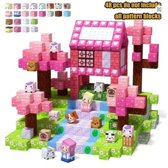 Blocos De Montar Magnéticos - Blossom | Rosa Kit Casinha Com Bichinhos Fofos - 48 Peças - Brinquedo Educativo