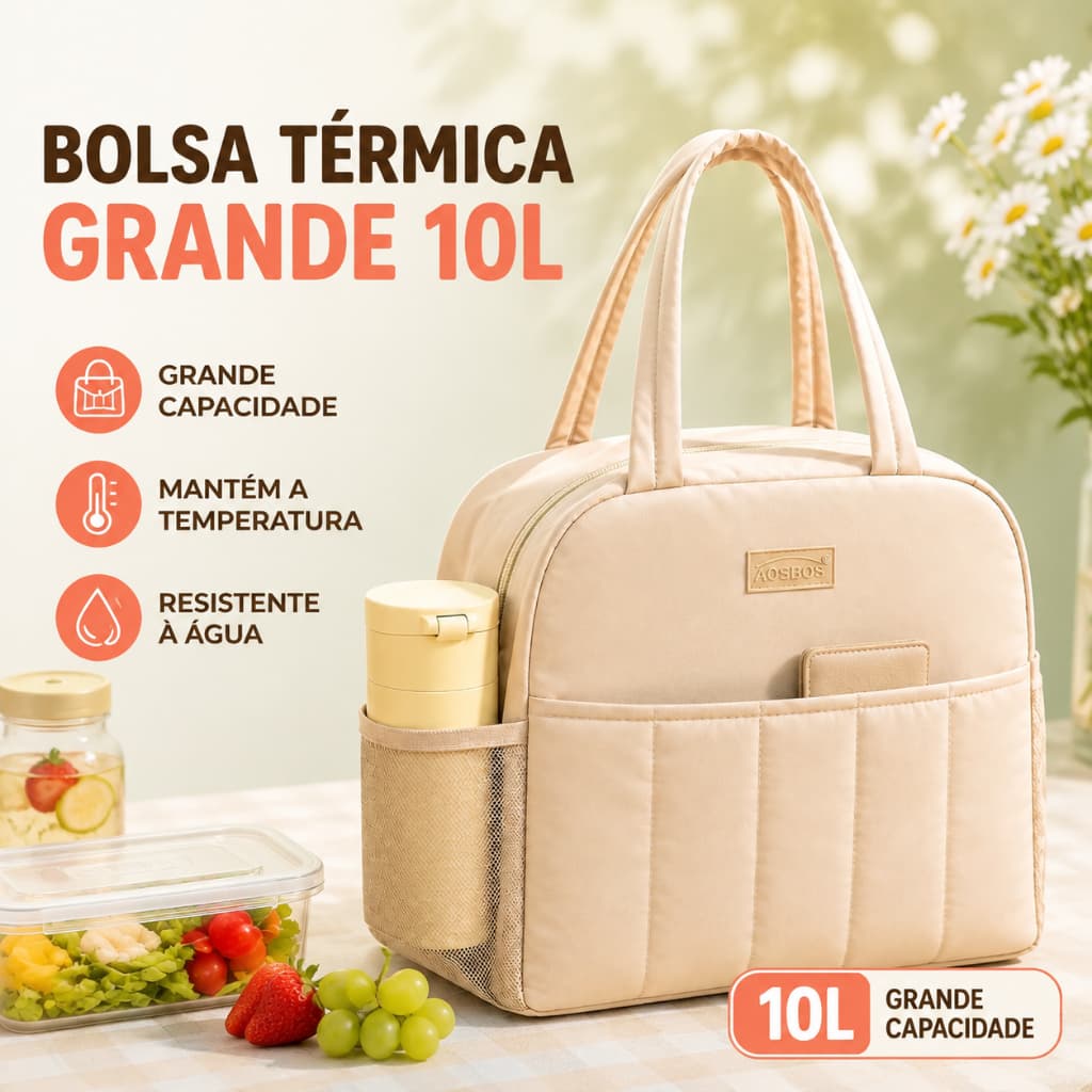 Bolsa Térmica Feminina 9L para Marmita Lancheira com Bolsos Laterais Trabalho Escola Piquenique