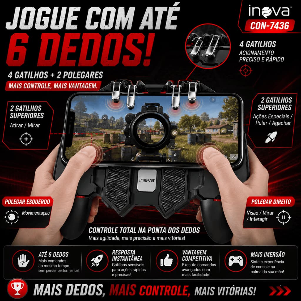 Controle Gamer para Celular com Gatilhos Joystick Suporte Ajustável Mobile INOVA CON-7436