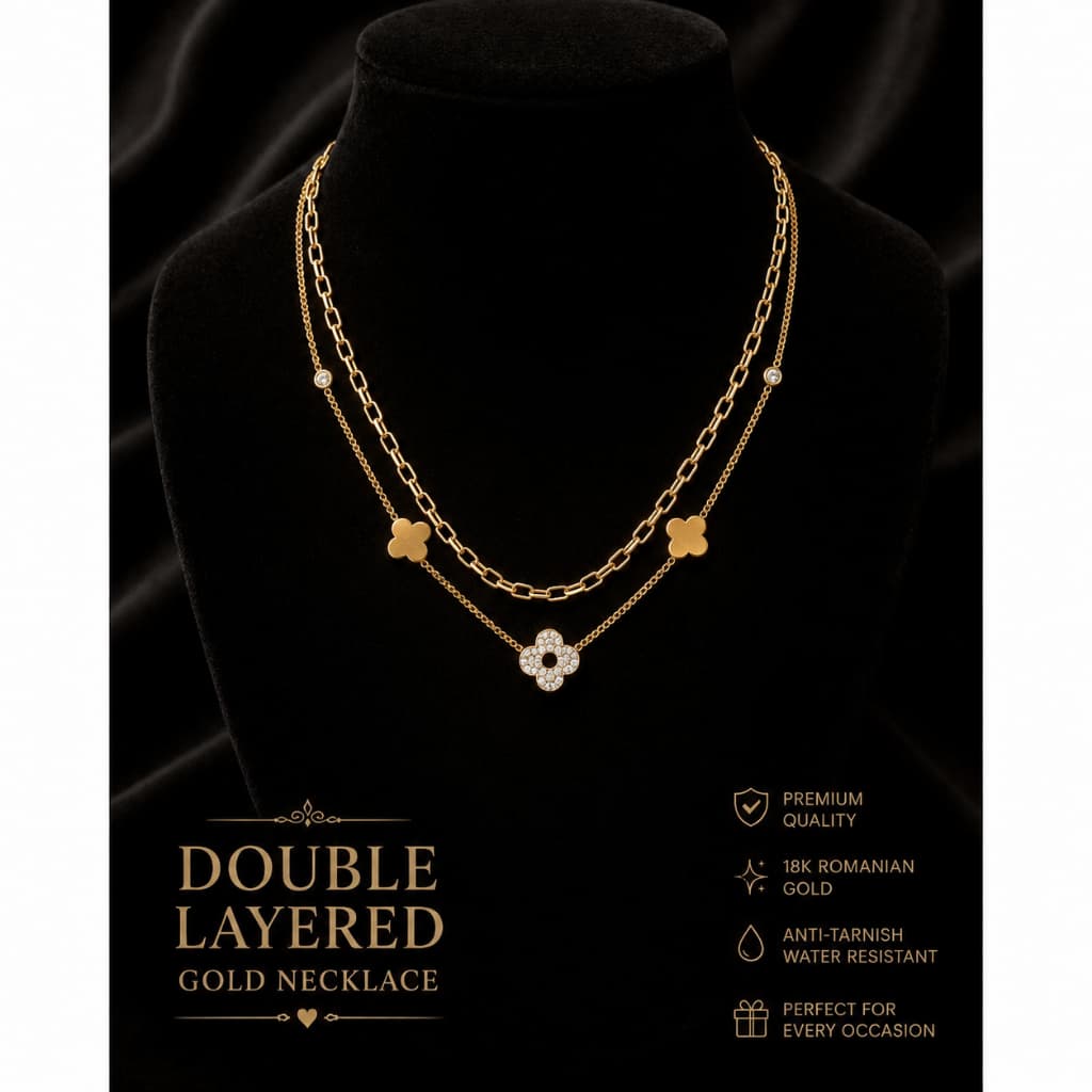 Colar Feminino Duplo Dourado com Trevos e Cristais – Comprimento Ajustável