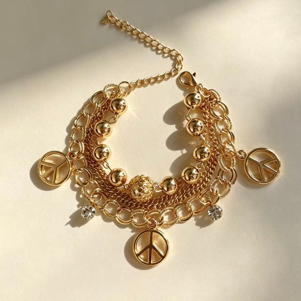 Pulseira Feminina Camada Pingentes Sortidos Ouro/Rose, Envio Modelo Aleatório, Ajustável Joia Moda Tendência