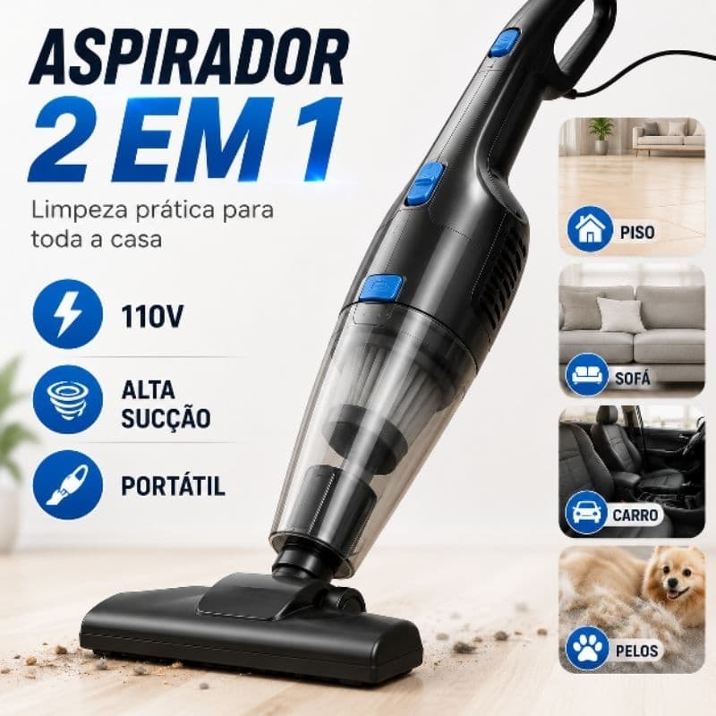 Aspirador de Pó Vertical 2 em 1 110V Alta Sucção Portátil para Casa, Carro, Sofá, Tapetes e Pelos de Pet