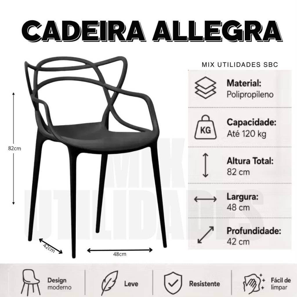 Cadeira Allegra Polipropileno Preta Design Moderno Resistente Até 120kg