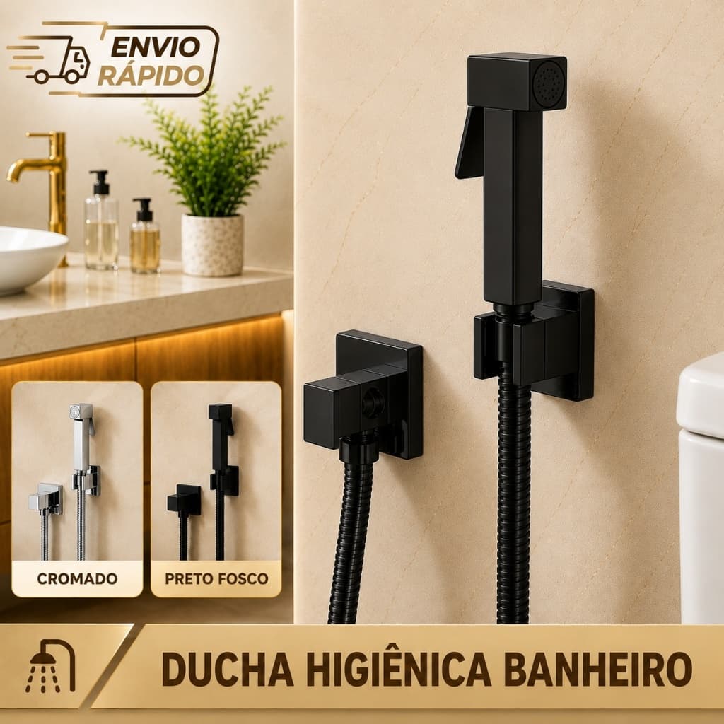 Ducha Higiênica  Quadrada Preta  Metal Inox Chuveirinho Intima Banheiro Luxo
