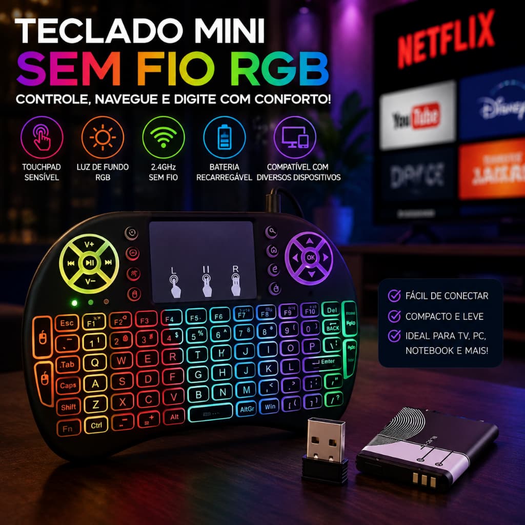 Mini Teclado Wireless 2.4GHz Touchpad Air Mouse RGB LED Lelong Max LE-7716