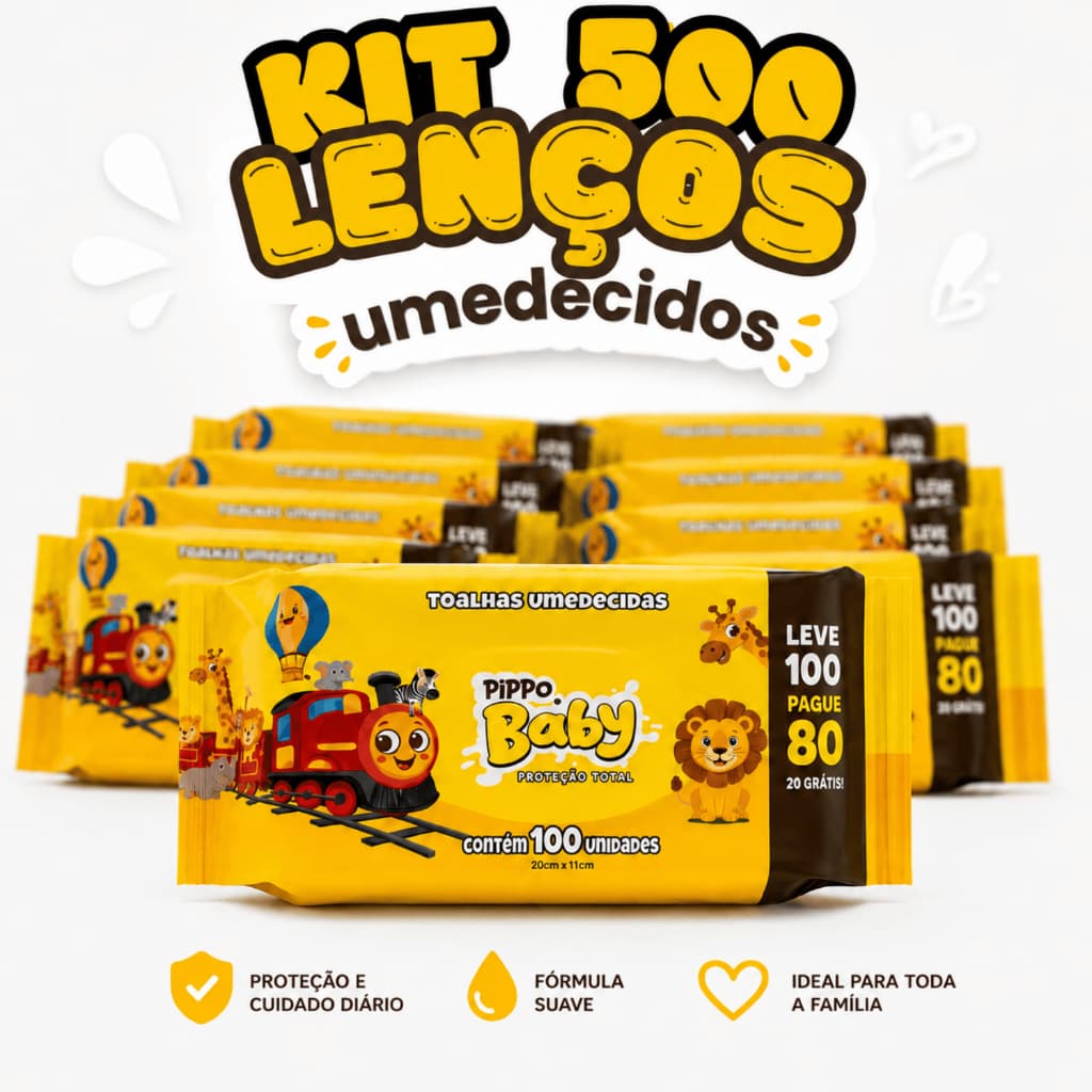 Kit 500 Lenços Umedecidos Pippo Baby Sem Álcool Toalhas para Bebê Higiene Infantil
