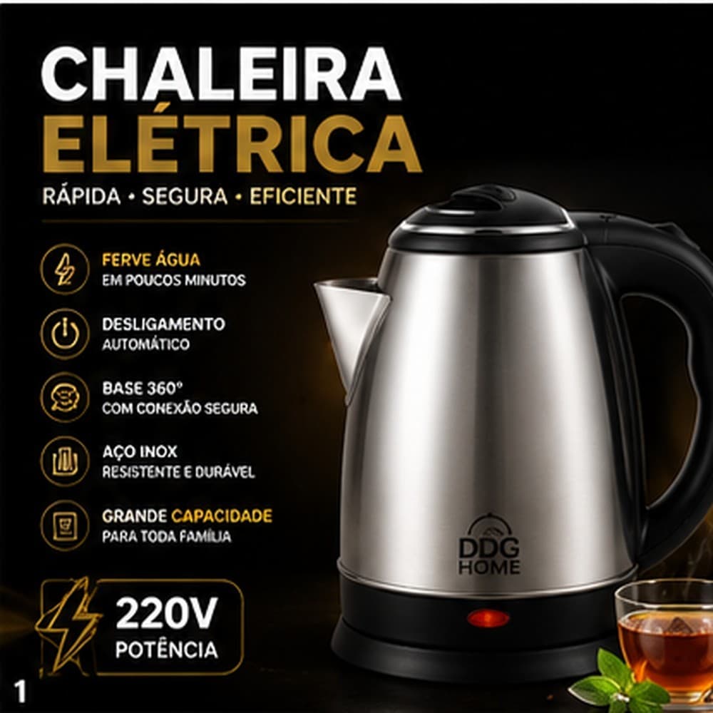 Chaleira Elétrica Inox 1,8L 1500W 220V Base 360° Desligamento Automático