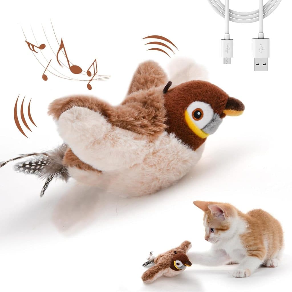 Passaro Interativo com Asas Batentes Brinquedo para Gato Que Pia Ativado por Toque USB Recarregavel para Gatos e Caes