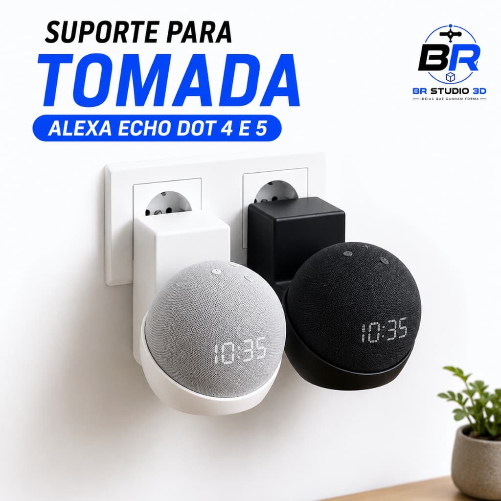 Suporte Para Tomada Alexa Echo Dot 4 E 5 Geração Organizador De Cabos Parede Preto E Branco