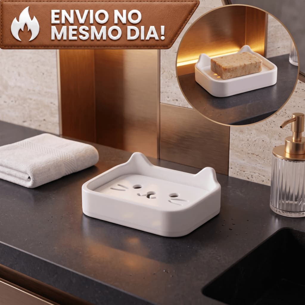 Saboneteira Gatinho para Lavabo Porta Sabão Drenagem Conserva o Sabonete Organizador Banheiro Cozinha Lavanderia