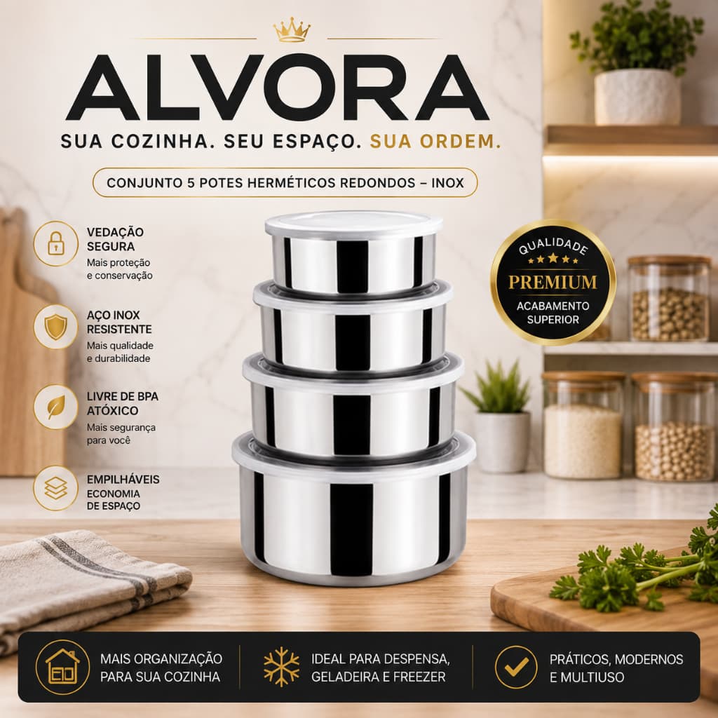 Conjunto Potes Herméticos ALVORA 5 Peças Redondos Tampa com Vedação Inox Organizadores Cozinha