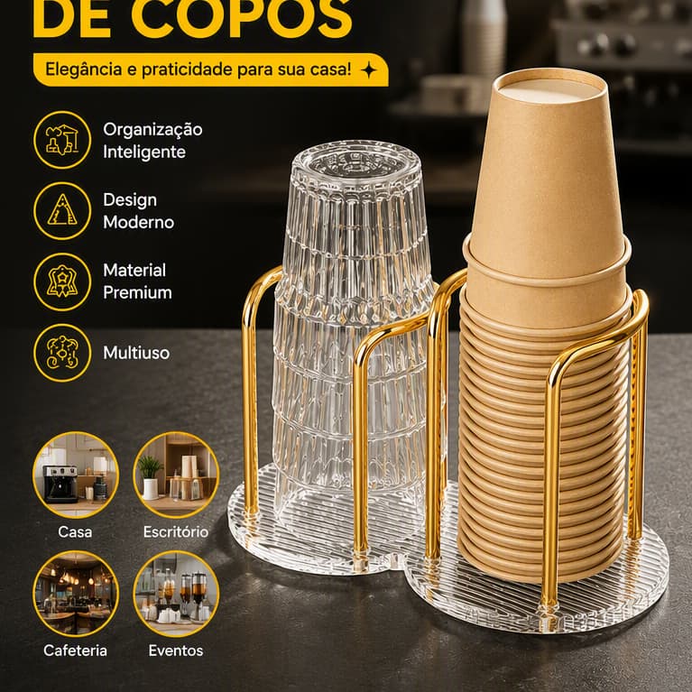 Suporte Organizador Copos Acrílico Metal Dourado, copos descartáveis reutilizáveis, organizador mesa cantinho do café