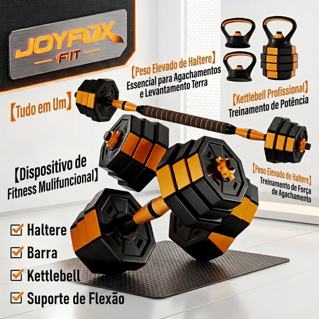 Kit Halteres Reguláveis 6 em 1 Joyfox 30kg - Com Barra Extensora, Kettlebell e Anilhas para Musculação