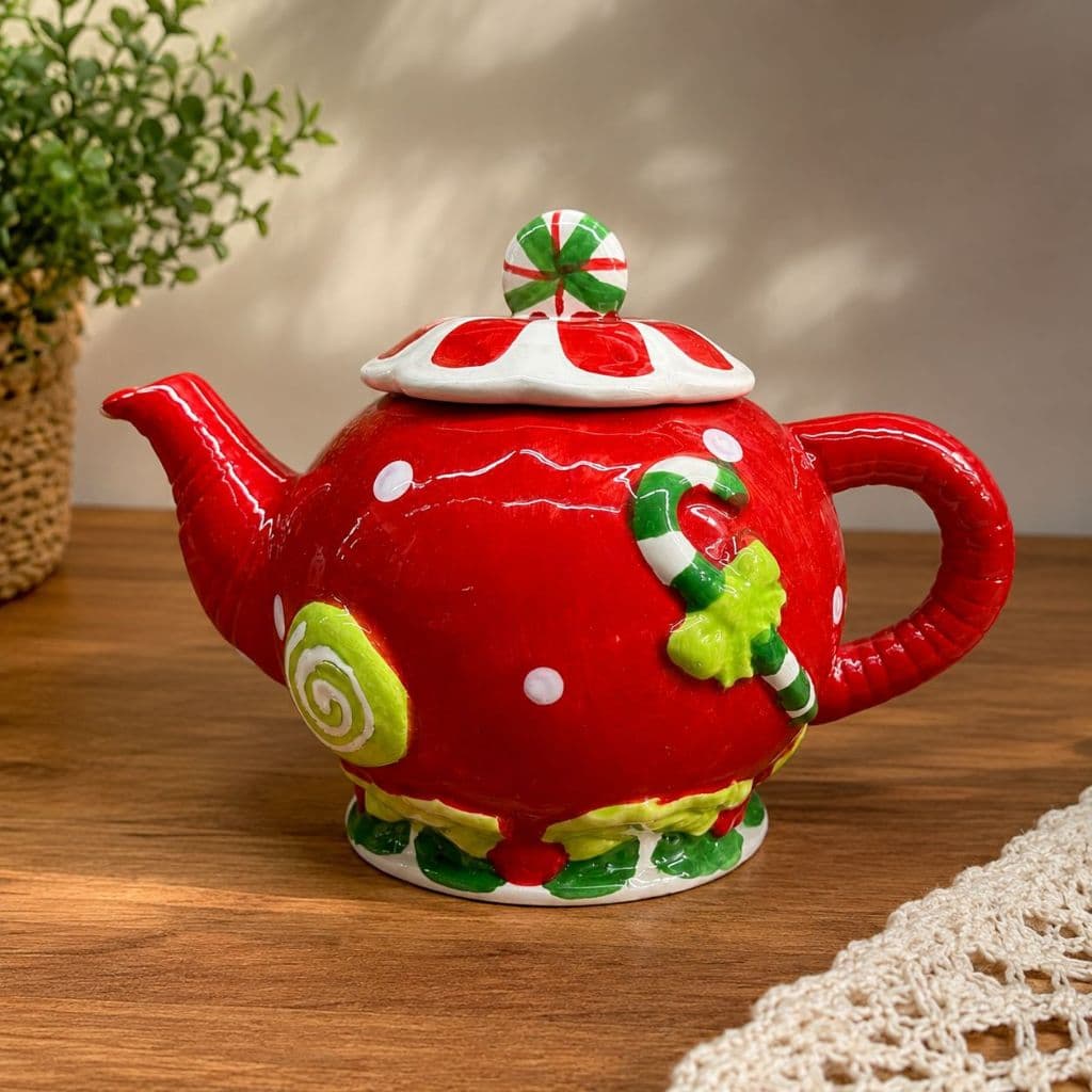 Bule de Natal em Porcelana Vermelho Decorado Bule Natalino com Tampa Papai Noel Chá Café Decoração