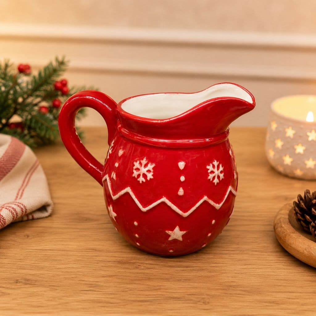 Leiteira de Natal em Porcelana Vermelha Decorada Flocos de Neve Jarra para Leite Molho Café Chá Mesa Posta