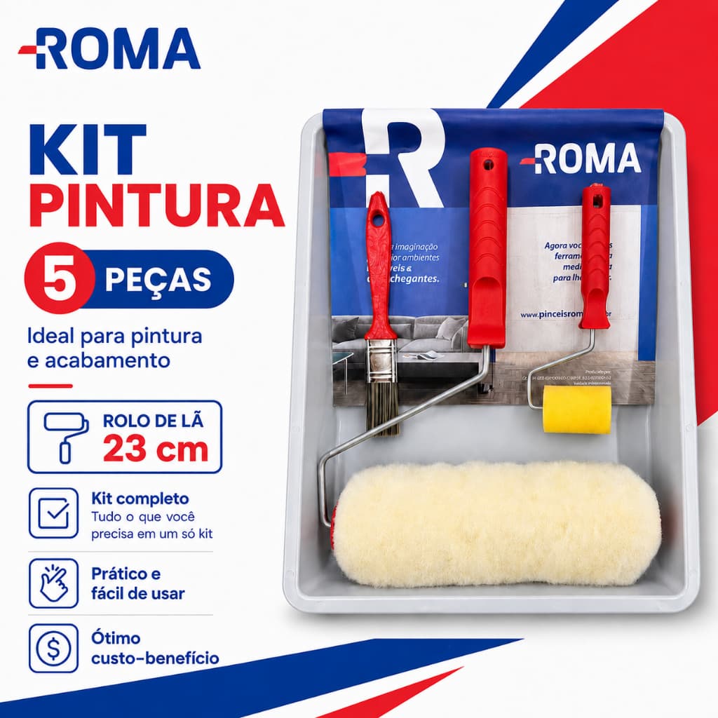 Kit de Pintura 5Pçs Roma Alto Padrão Qualidade Rolos 23cm/5cm Lã C/ Suporte, Bandeja e Trincha