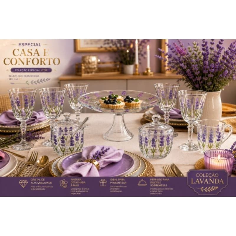 Kit Mesa Posta Lavanda Lyor 10 Peças Taças Manteigueira Leiteira Açucareiro Prato Bolo Cristal