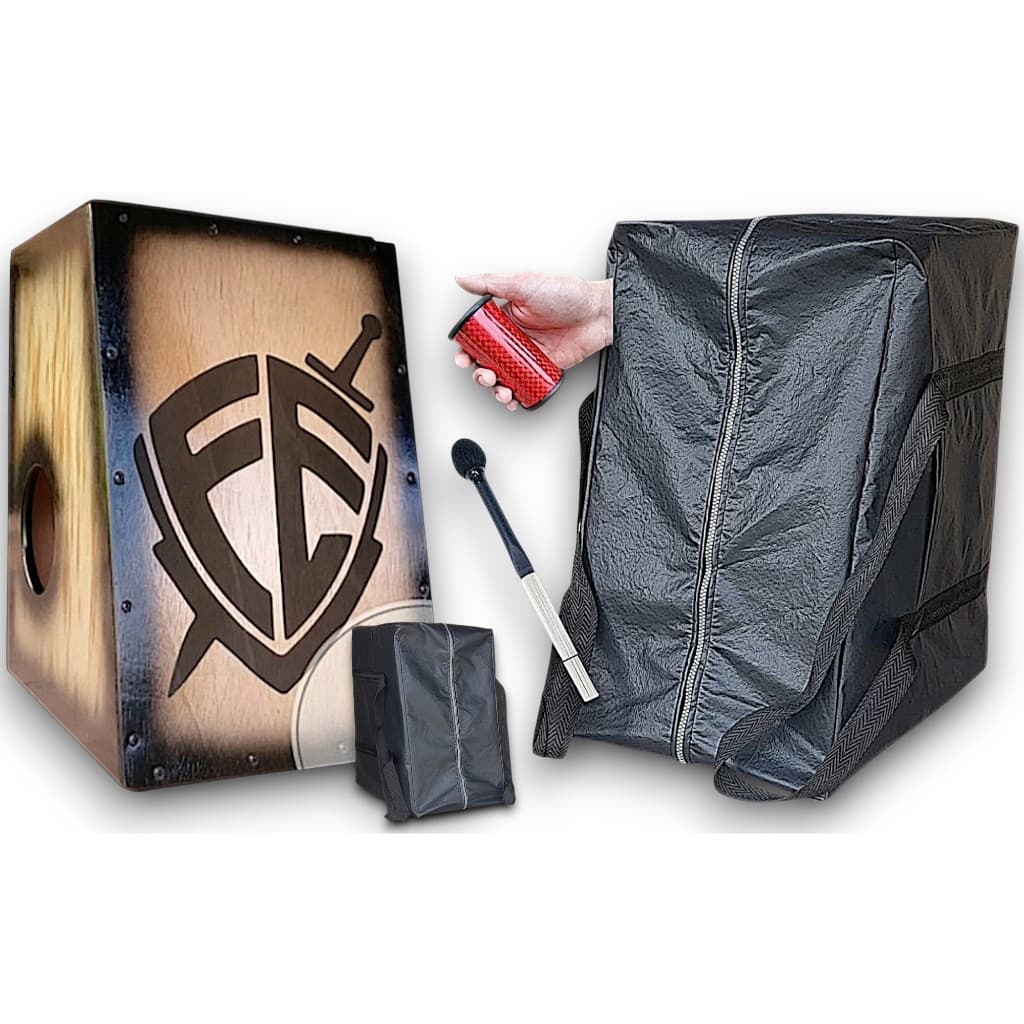 Cajón Elétrico Escudo Fé Especial + Chocalho de pé + Baqueta/Vassoura + Capa De Transporte