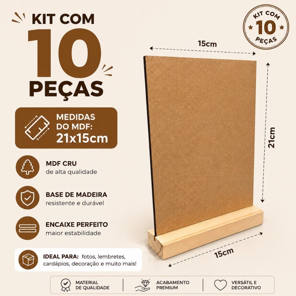 Kit 10 Placas de MDF 15x21cm com Suporte de Madeira para Fotos e Decoração