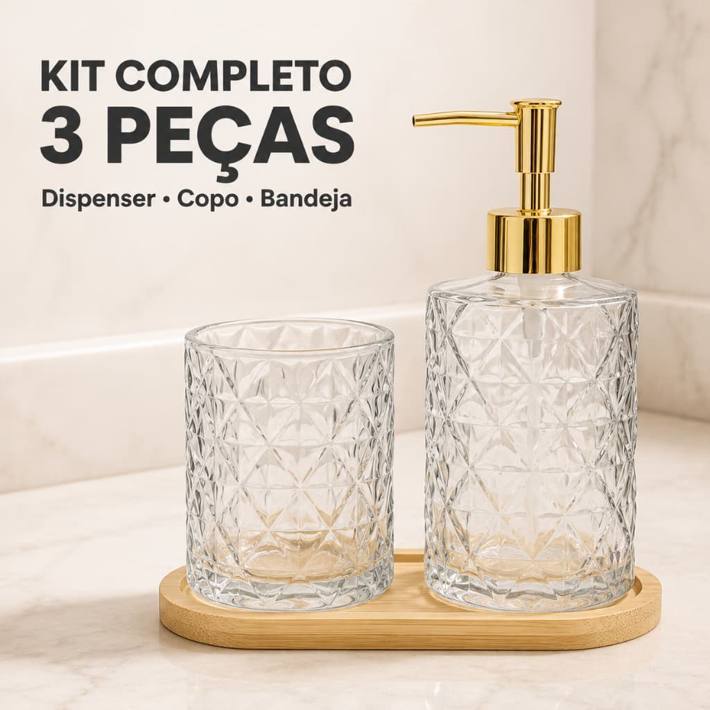 Kit Lavabo 3 Peças Dispenser Sabonete Copo Vidro Bandeja Bambu Banheiro Moderno