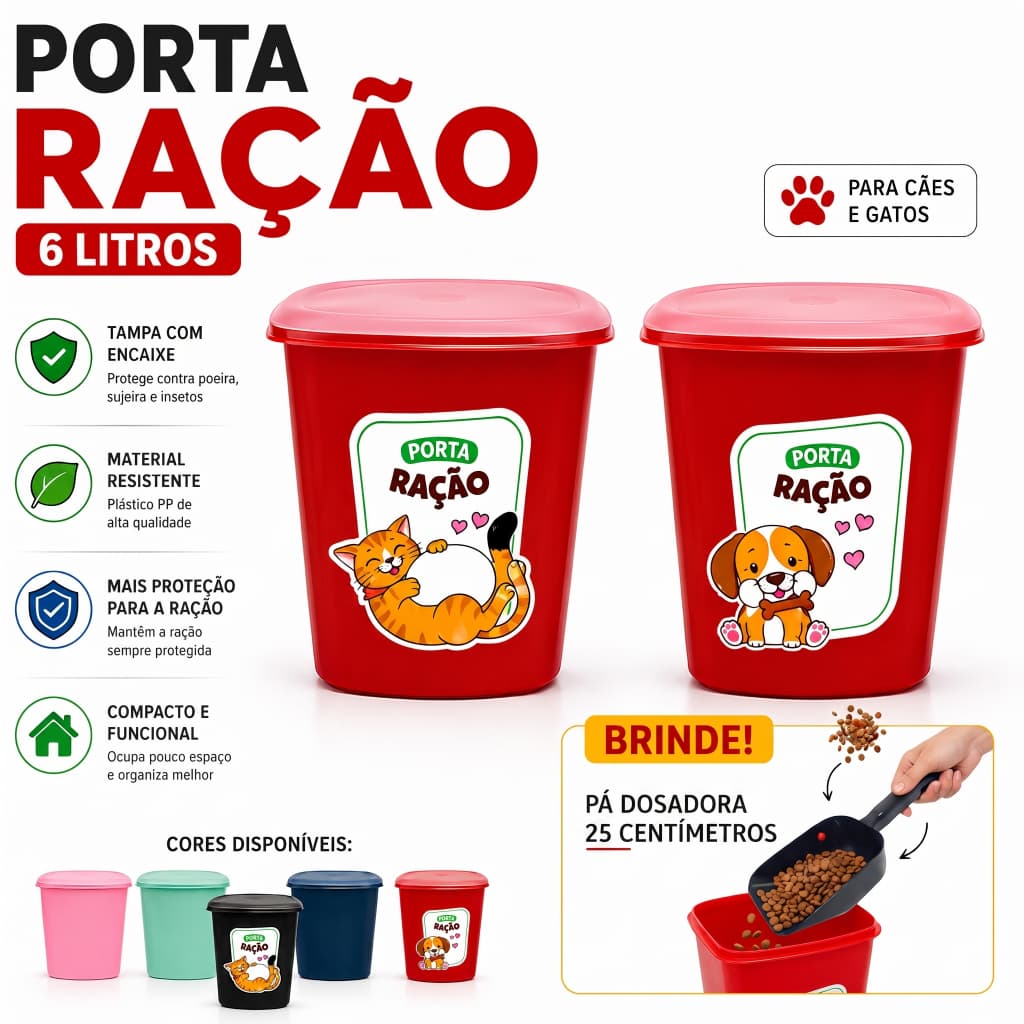 Porta Ração 6 Litros Pet Cachorro Gato Com Tampa Organizador de Ração