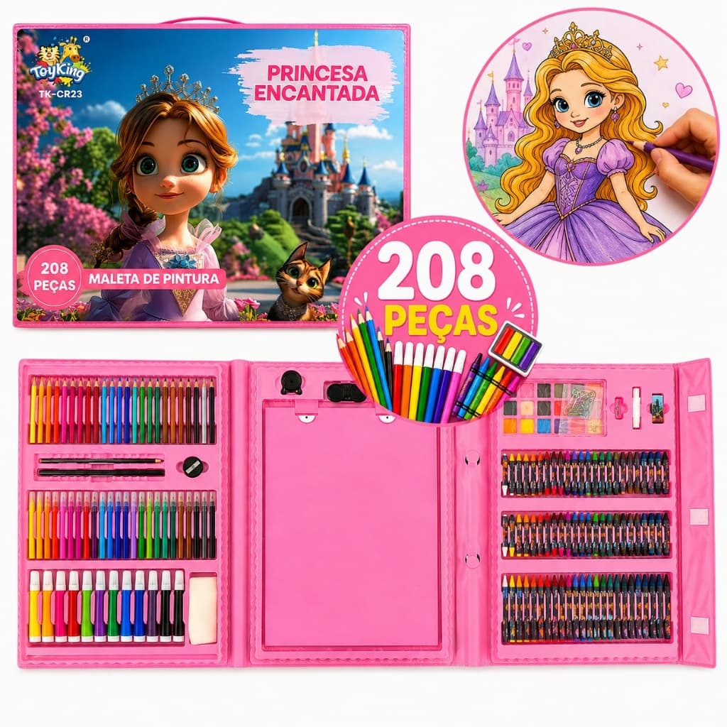 Maleta Estojo De Pintura Infantil Escolar Menina/Menino - Sereia/Dinossauro Kit Completo 208 Peças