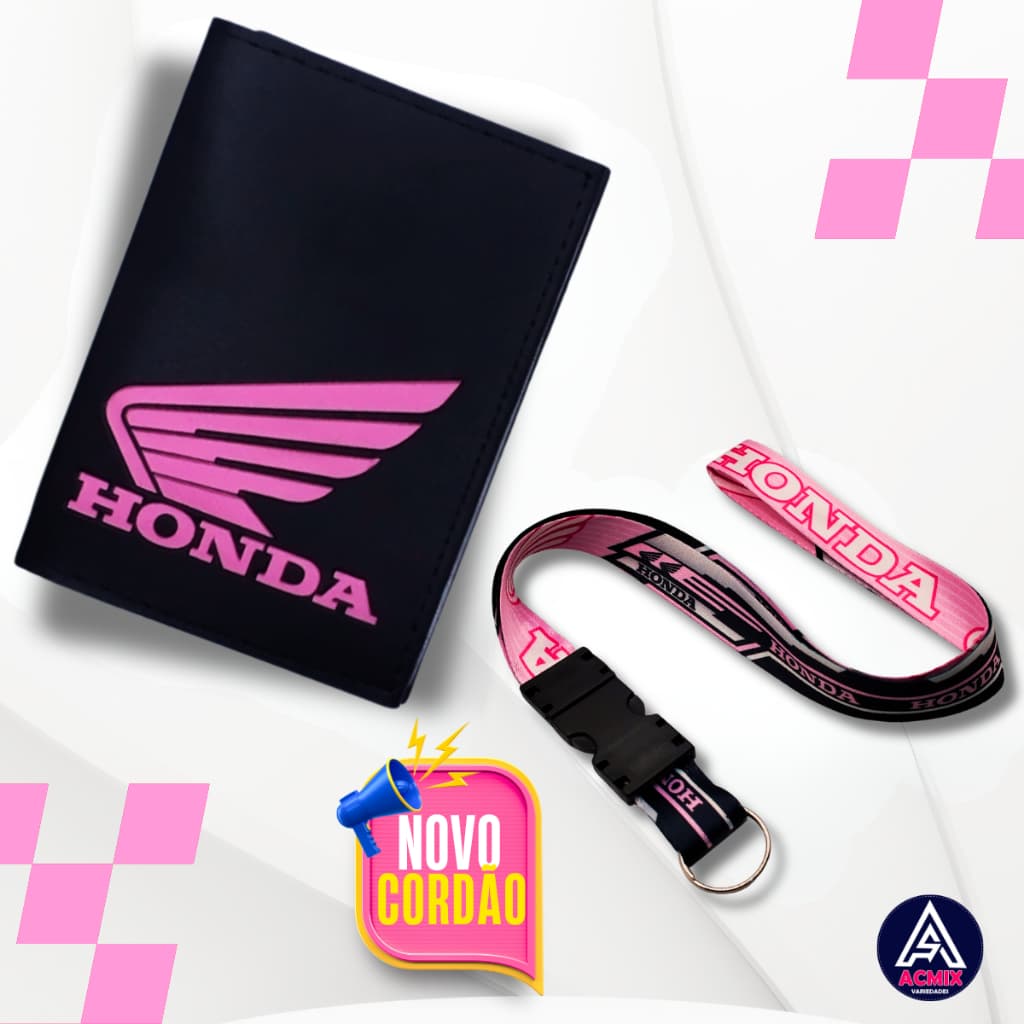 Carteira Porta Documentos Moto Honda Logo Rosa + Cordão Pescoço Engate Rápido Honda Rosa