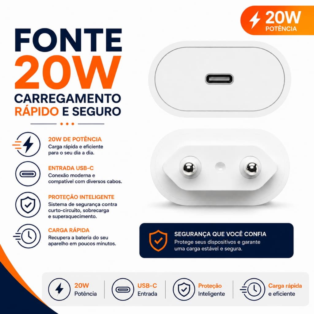 Fonte 20W USB-C Carregador Turbo Carregamento Rápido para Celular