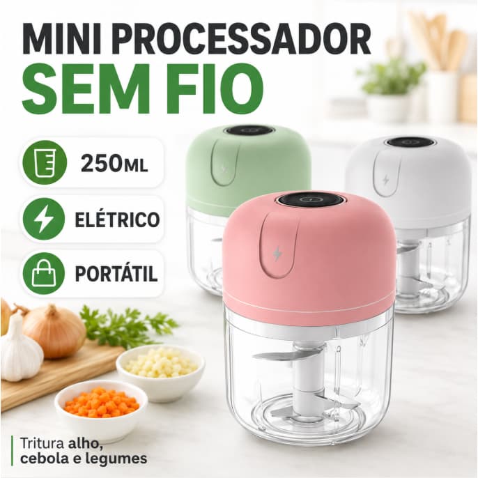 Mini Processador Elétrico 250ml Sem Fio Triturador de Alho Legumes Recarregável
