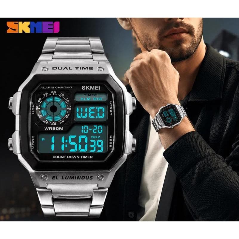 Skmei 1335 Relógio Digital Masculino à Prova d'Água Pulseira de relógio em aço inoxidável